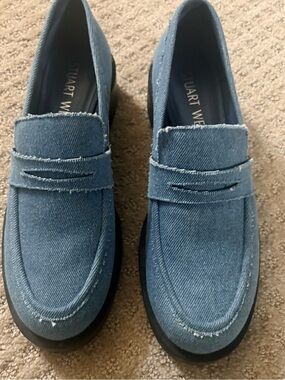 Stuart Weitzman Denim Blue Frayed-Edge Penny Loafers